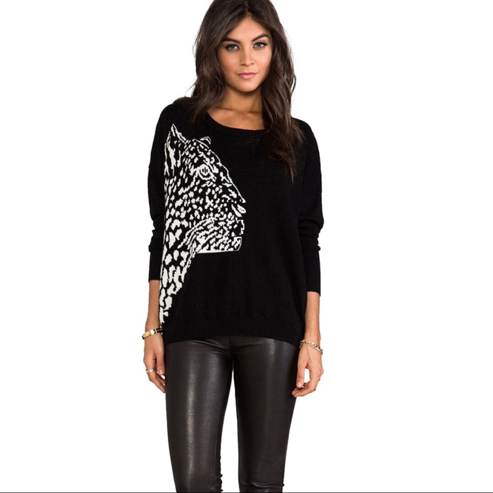 Milly Womens Cheetah Black Sweater Wool Oversized White Leopard Top